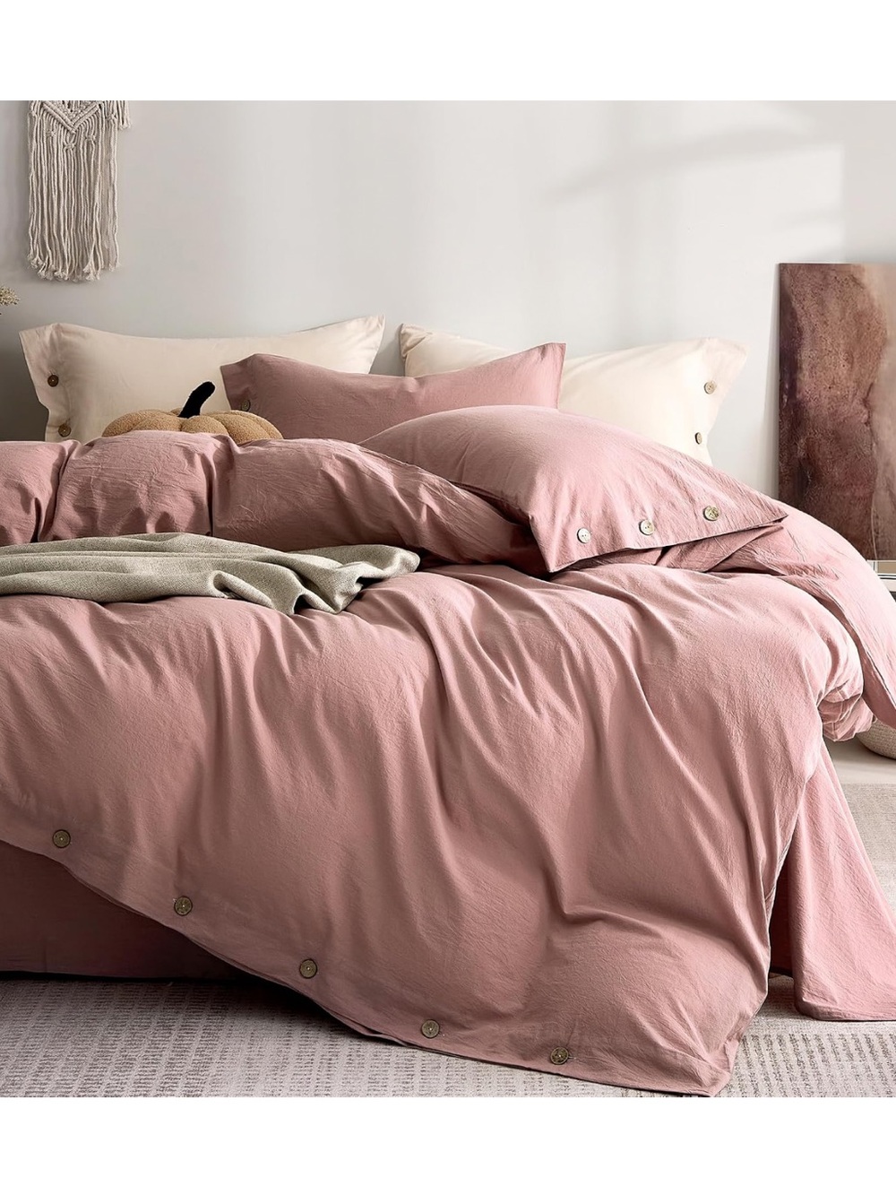 100% Washed Cotton Darker Rose Duvet Cover Twin, Linen-Like